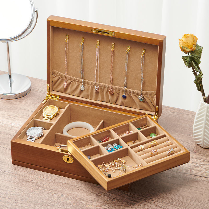 Solid Wood Jewelry Box with Lock High-end Exquisite Ring Bracelet Necklace Watch Storage Box Vintage Wedding Birthday Gift