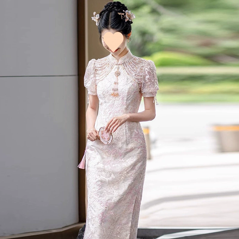 Розовое платье Cheongsam, новое платье для тостов в китайском стиле, тонкое свадебное платье невесты в молодом стиле, кружевное обручальное платье, платье для выпускного вечера