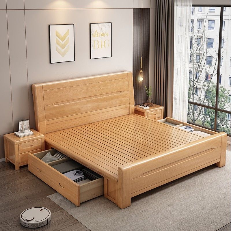 Beech Solid Wood Bed 1.8m Chinese Style Log Double Bed 1.5m Master Bedroom High Box Storage Wedding Bed 1.2m Single Bed