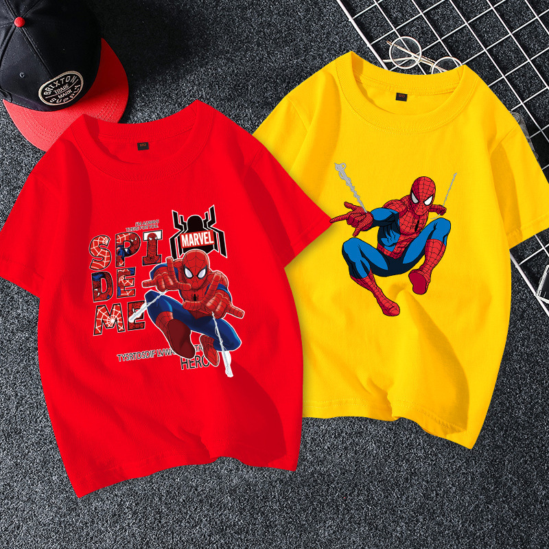 Spider-Man Boys' Summer Short-Sleeve Top, Cotton Sports Half-Sleeve T-Shirt, Trendy Cartoon Undershirt for Older Children