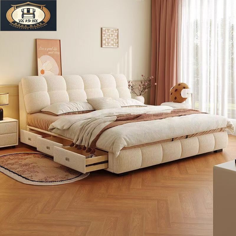 New Style Simple Modern Cream-Style Large Bed with Chenille Velvet in White, Suitable for Small Apartments, Light Luxury Master Bedroom Double Storage Bed