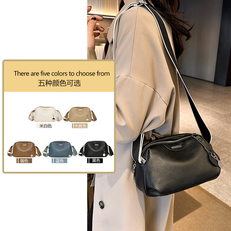 Bolso de cuero real 2025, nueva moda, bolso de hombro de una sola mujer, correa de hombro ancha de cuero, bolso casual de gran capacidad.