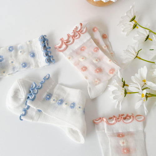 Spring and summer ins trendy thin glass silk daisy mid-calf socks Japanese sweet transparent lolita cassock socks for women
