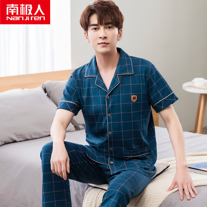 Pijamas de los hombres de verano 100% algodón pantalones de manga corta de media manga de primavera y otoño delgada cardigan ropa para el hogar más tamaño