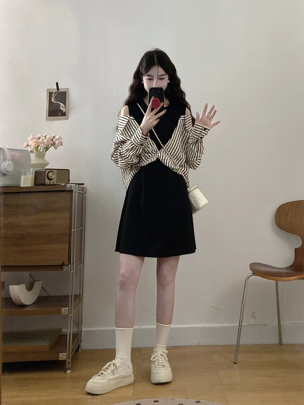 大码女装胖mm新款休闲条纹拼接假两件显瘦气质连衣裙|undefined
