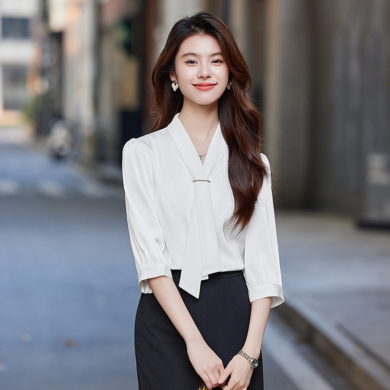 White V-Neck Chiffon Shirt for Women, Spring/Summer 2026 New Style, High-End Elegant Professional Shirt, Interview Outfit, Three-Quarter Sleeve