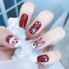 Winter Christmas Series Playful and Warm Style Short Wear Nail with Glittering Deer and Snowflake Removable False Nail Tips