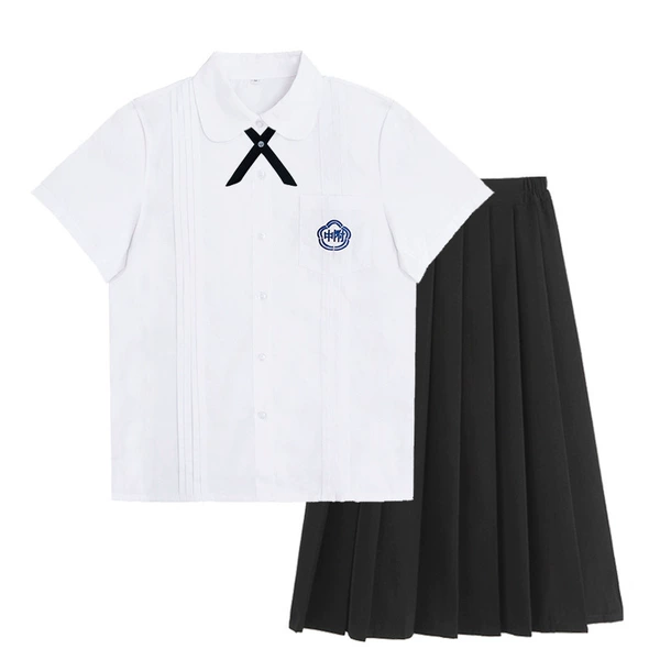 Girls' middle school shirt with short sleeves + cross knot + YKK black midi skirt