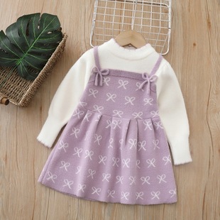 Children's Sweater Dress Sweet Bow Knitted Long Skirt 2025 Autumn and Winter New Girls Sweater Dress