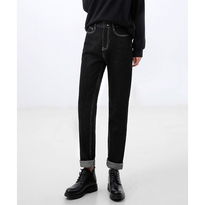 中超丹宁高腰直筒加绒牛仔裤女2022新款黑色NI宽松明线高腰长裤女