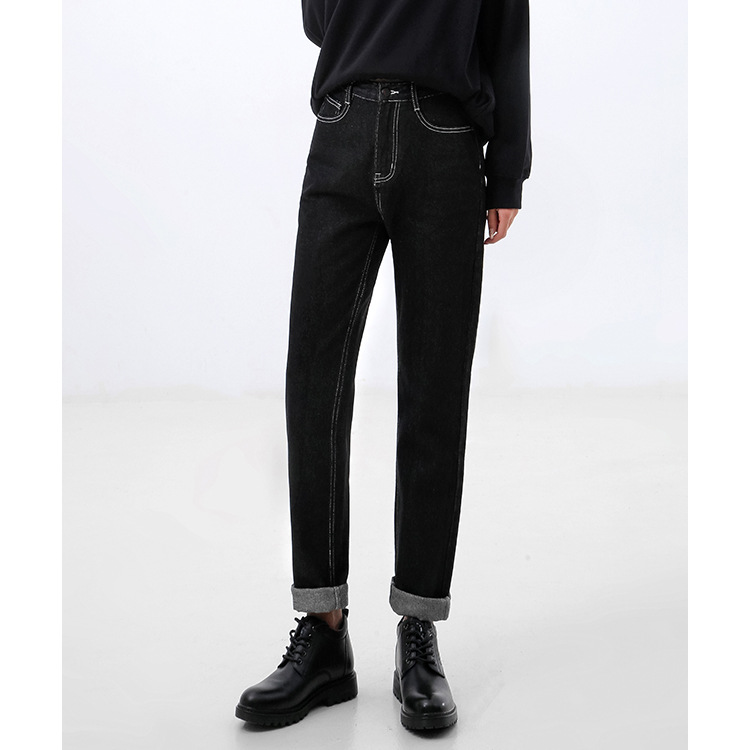 中超丹宁高腰直筒加绒牛仔裤女2022新款黑色NI宽松明线高腰长裤女
