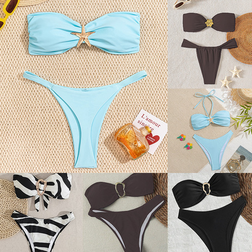 Best-selling cross-border European and American two-piece strapless halter metal accessories swimsuit set bikini pure color pure desire 