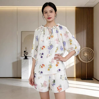2026春夏季轻薄苎麻印花套装女 温柔系碎花灯笼袖衬衫+松紧腰短裤
