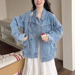蓝色牛仔刺绣外套女春秋超火韩系休闲小众设计感百搭独特夹克上衣