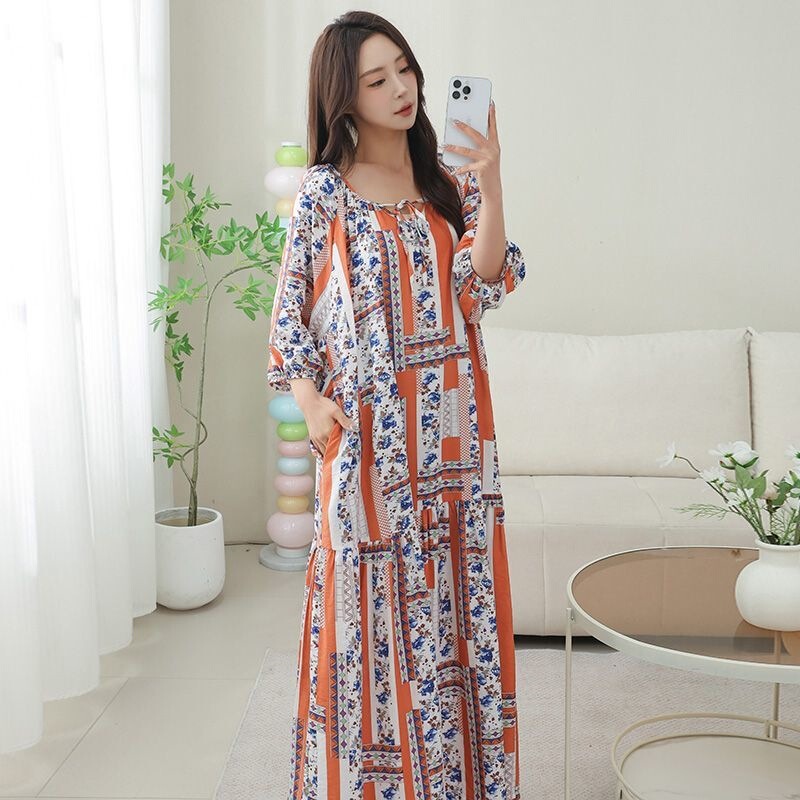 Nightgown with Pockets for Women, Summer Mid-Sleeve Tencel Cotton Vacation Beach Lazy Style Round Neck New Chinese Style Ankle-Length Dress