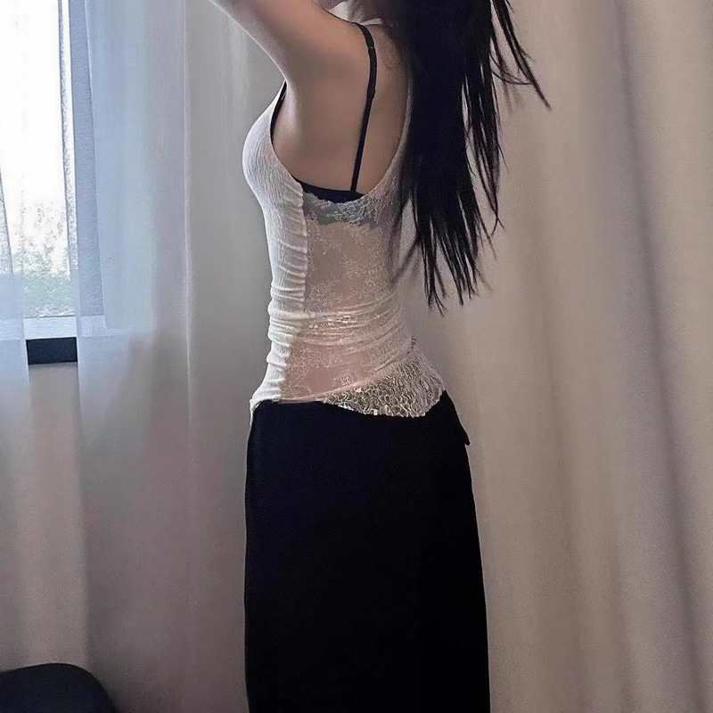 Jcstone Slightly See-Through Bark Wrinkle Stitching Full Back Lace Sexy Slimming Look Vest Women's Racer Top