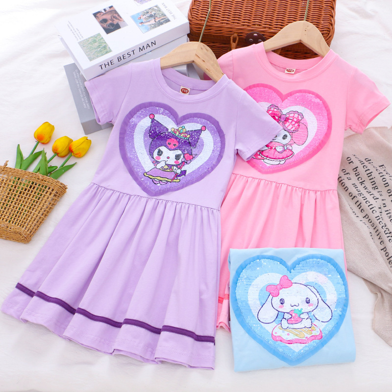 Foreign Trade Cross-Border Girls 2025 Summer Dress Beautiful Girl Summer Flip Color Changing Sequin Princess Dress Cartoon