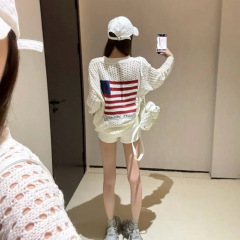 克罗伈正确版2025秋季新款长袖镂空美式国旗带帽休闲纯色女针织衫