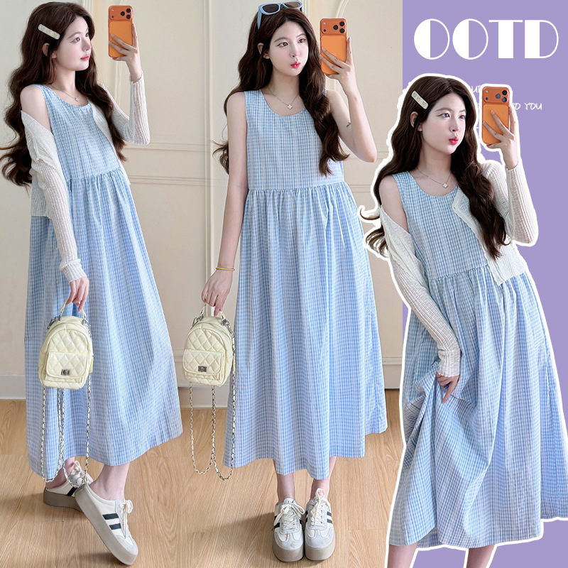 Maternity Wear 2026 Summer New Style Sun Protection Cardigan + Blue Plaid Round Neck Maternity Tank Dress Two-Piece Set with Pockets Maternity Wear 2026 Summer New Style Sun Protection Cardigan + Blue Plaid Round Neck Maternity Tank Dress Two-Piece Set with Pockets