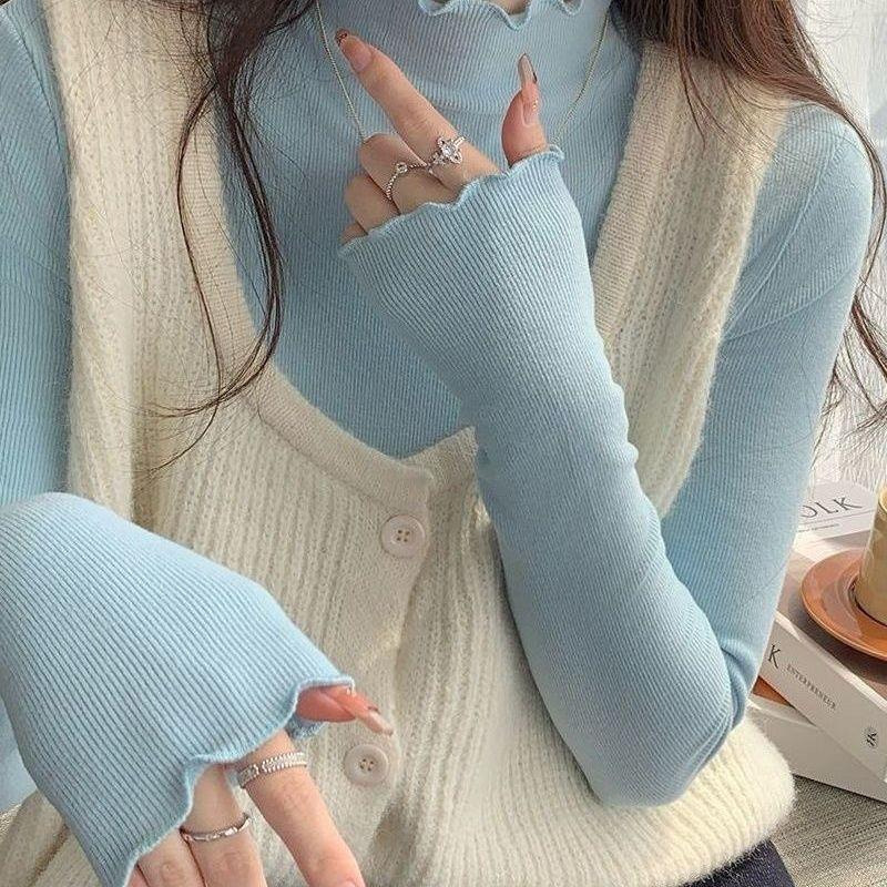 Light Yellow Ruffled Base Shirt Autumn and Winter New Exquisite Stylish Inner Wear De Velvet Long-Sleeve Thermal Top T-Shirt for Women Light Yellow Ruffled Base Shirt Autumn and Winter New Exquisite Stylish Inner Wear De Velvet Long-Sleeve Thermal Top T-Shirt for Women