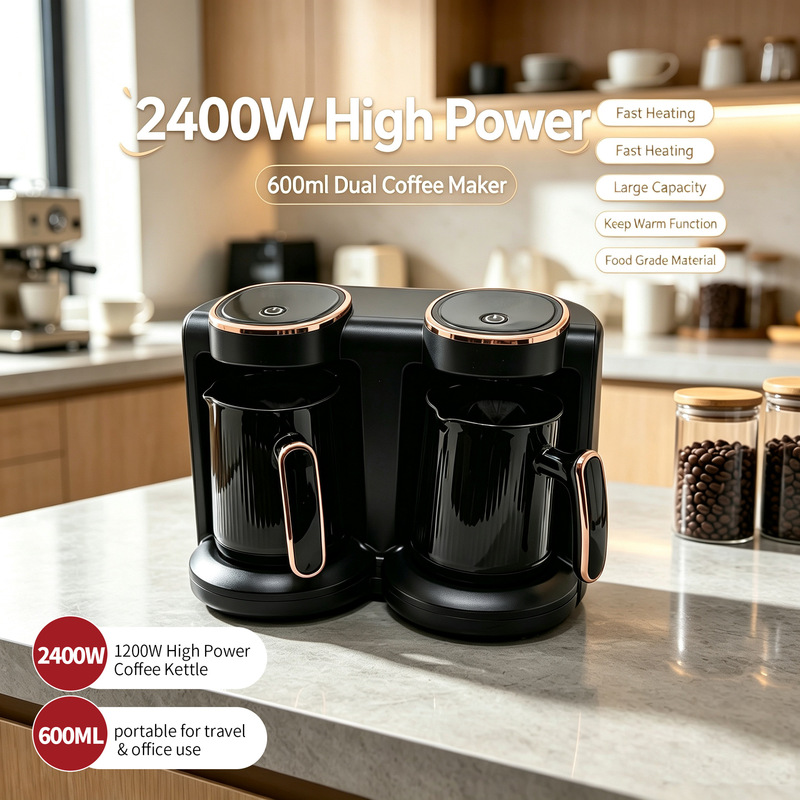 Turkish coffee maker with a dual-head design to prevent splattering, featuring electric heating and a one-button slow-cooking function, suitable for home use as a semi-automatic coffee pot