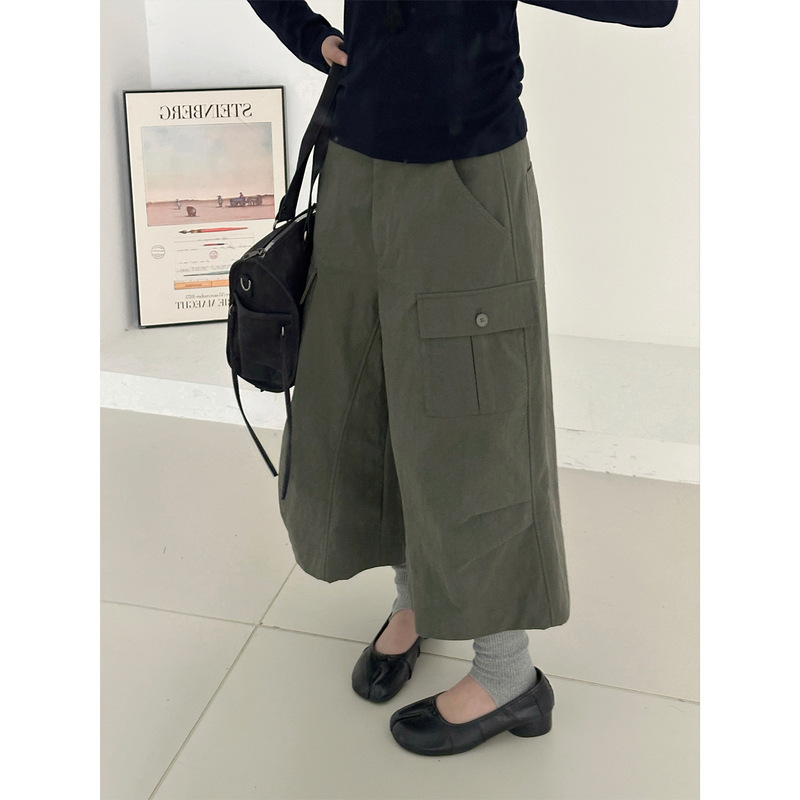 【Fast Shipping】Korean-style retro multi-pocket workwear wide-leg pants, high-waisted, drapey, casual, cropped straight-leg pants for women