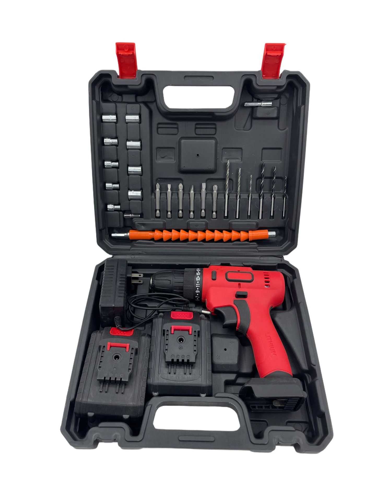 Modelo privado 21v 1 dos electricidad y un traje de carga negra y roja