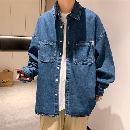 Men's Solid Color Long Sleeve Shirt, Autumn Korean Style Trendy Minimalist Collar Shirt, Hong Kong Style Loose Stylish Instagram Jacket
