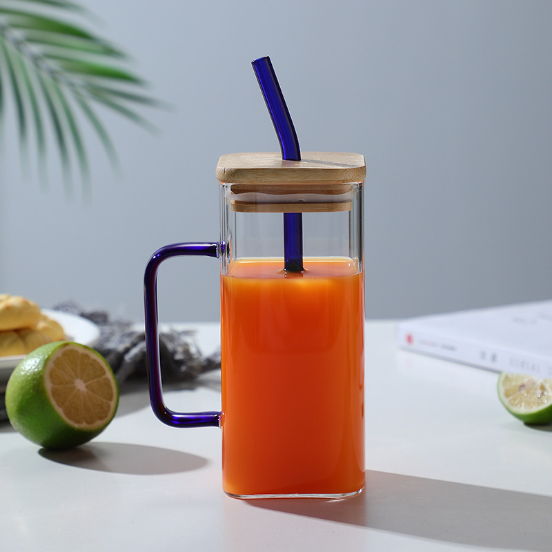 Taza de paja cuadrada de vidrio doméstico de alta apariencia de bambú taza de borosilicato transparente de una sola capa taza de jugo de mango de color