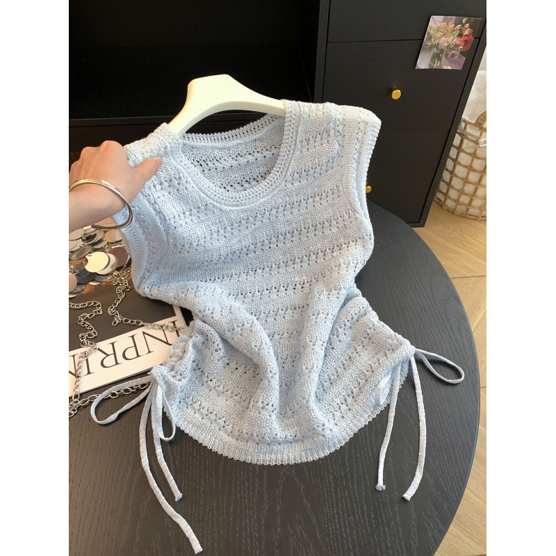 Korean Style Hollow-Out Pleated Waist-Cinching Sleeveless Knit Top for Women, Summer Short Style, Lightweight and Versatile Top Korean Style Hollow-Out Pleated Waist-Cinching Sleeveless Knit Top for Women, Summer Short Style, Lightweight and Versatile Top