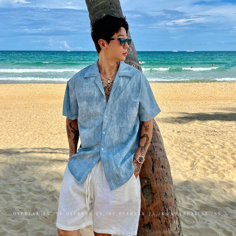 Old Money Style Tie-Dye Cuban Collar Short-Sleeved Shirt Men's 2026 Summer New Hawaiian Beach Loose Casual Shirt