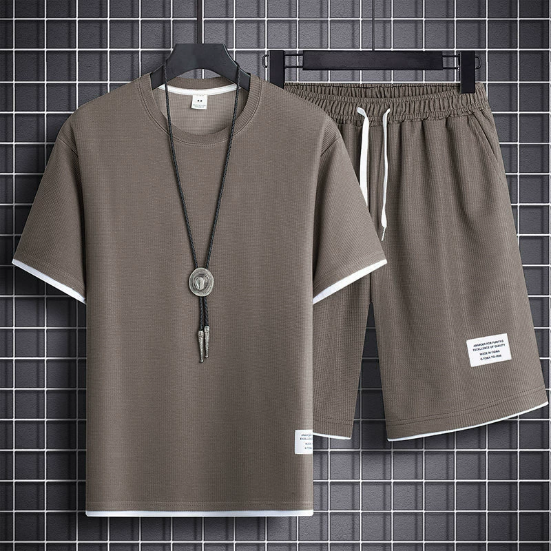Новая летняя вафельная футболка с короткими рукавами, мужская свободная модная повседневная спортивная одежда из двух предметов