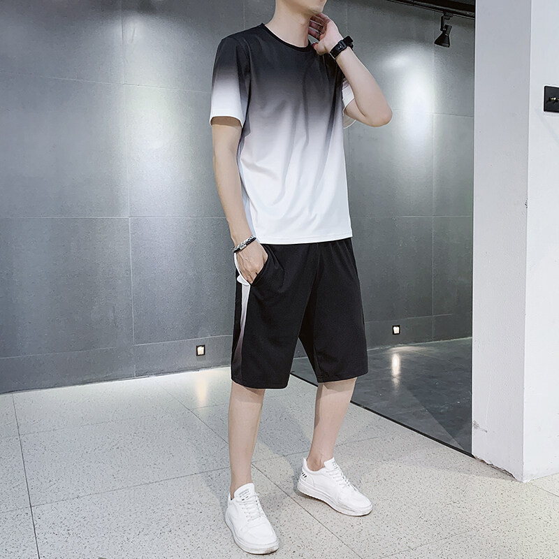 Fábrica directa de verano de dos piezas juvenil pantalones cortos de moda deportivos ociosos con cuello redondo gradiente camiseta de manga corta