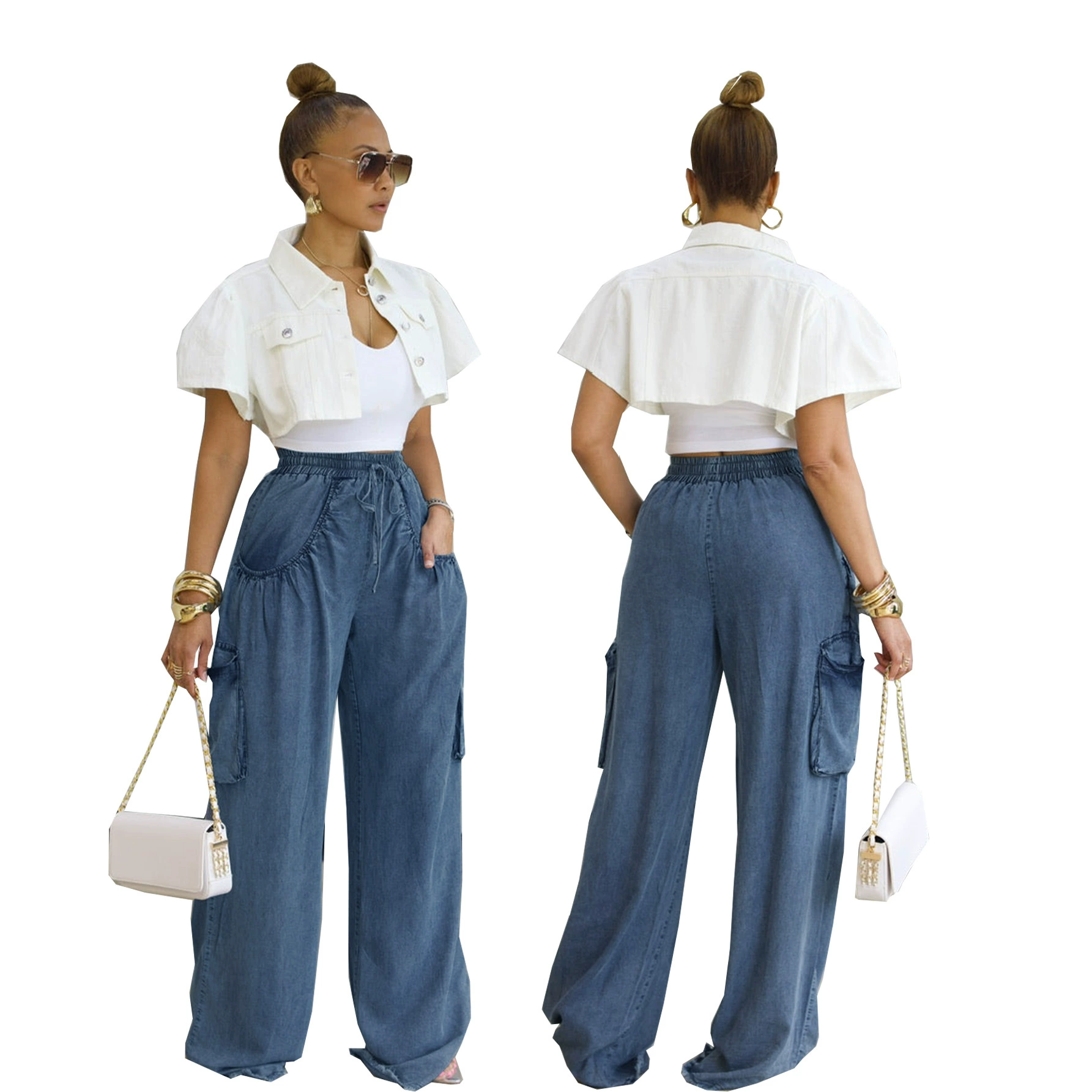 TW766欧美休闲牛仔裤亚马逊跨境女松紧腰抽绳直筒多口袋阔腿长裤