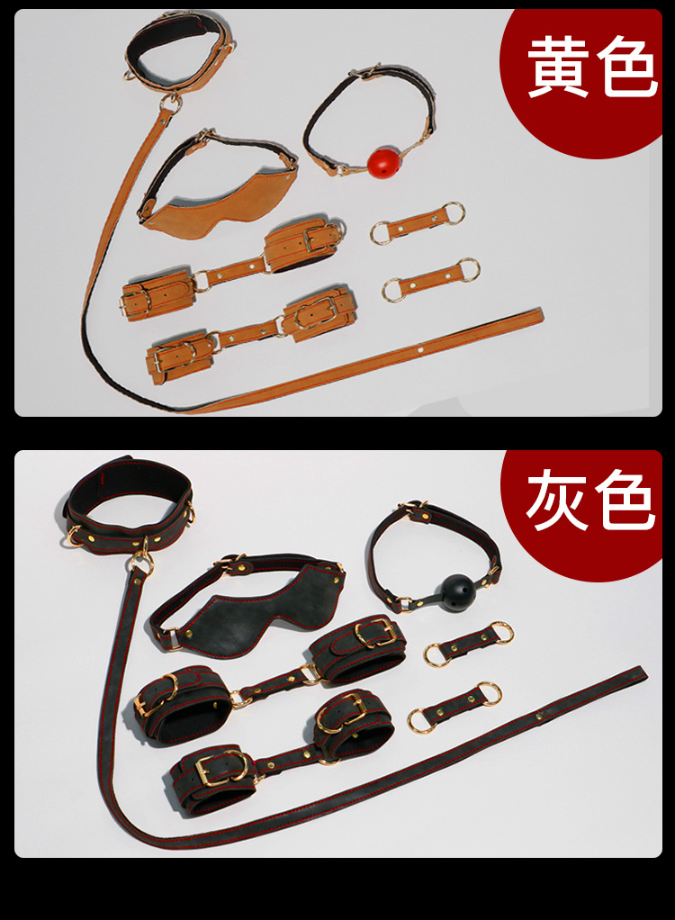 SM Bondage Set 7-Piece Faux Leather Handcuffs and Nipple Clamps in Red — detail image 28