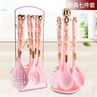 硅胶厨具批复柄7件套 家用不粘锅铲宝宝辅食铲勺厨具带收纳架套装