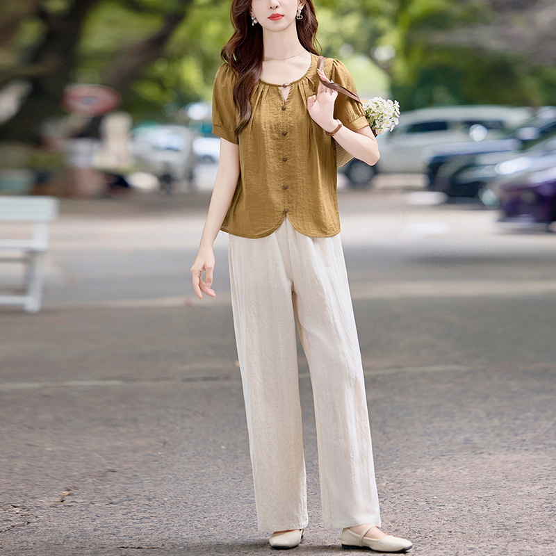女性のためのootd衣装年齢軽減スーツの完全なセット2025夏の新しいシャツトップ気質ワイドレッグパンツ2点セット|undefined