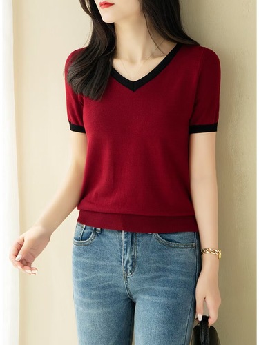 Women's Ice Silk Short Sleeve Knit Top 2025 Summer Loose Fit Slimming Half Collar Fashion Trendy Top