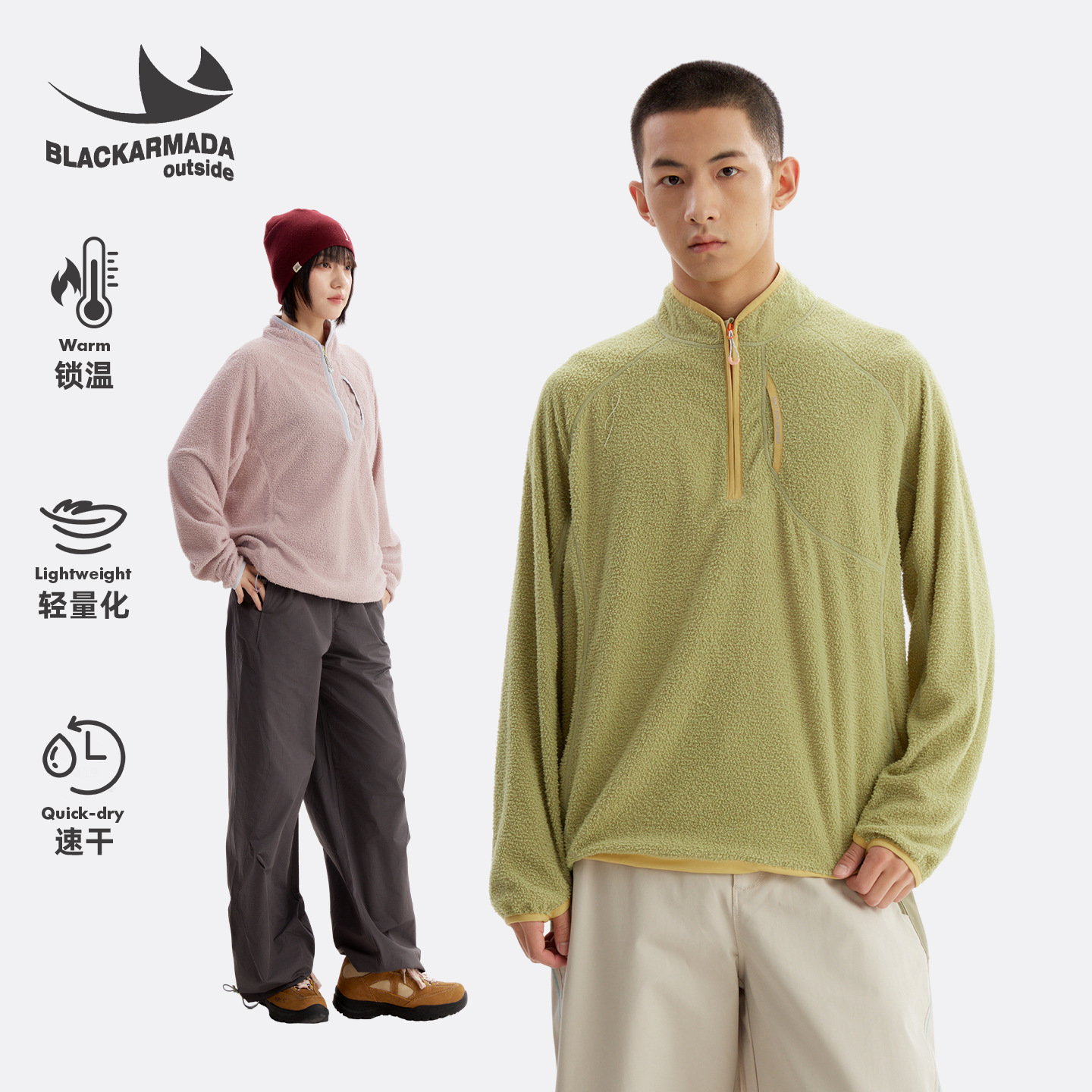 Black Fleet Autumn and Winter Fleece-Lined Loose Stand-Collar Cloud Fleece Sweatshirt, Breathable Half-Zip, Thermal Insulation Outdoor Pullover
