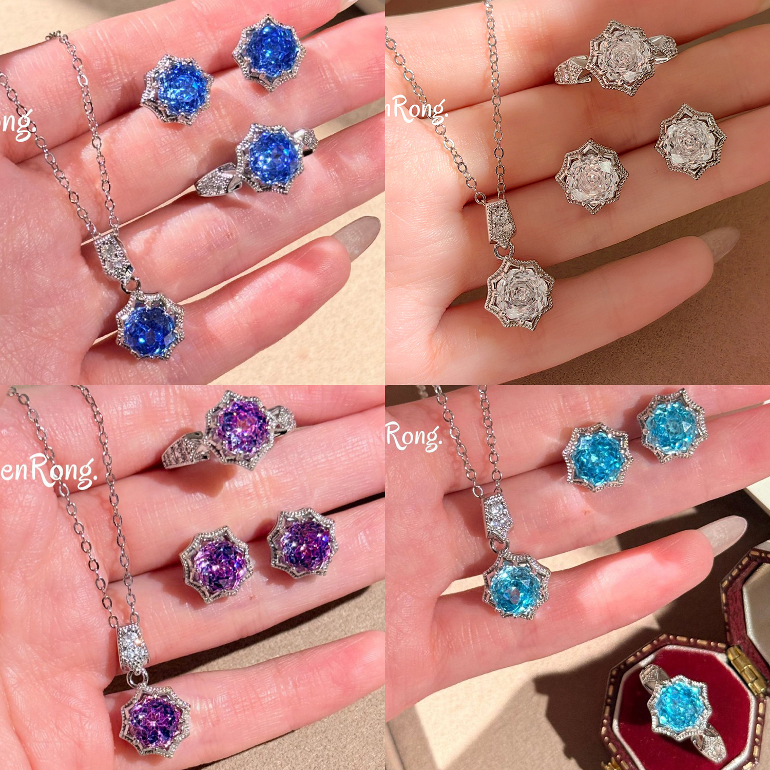 Octagonal Millennium Rose-cut Klein Blue Necklace Pendant with Aquamarine High-Carbon Diamond Stud Earrings and Eight-Pointed Star Ring for Women