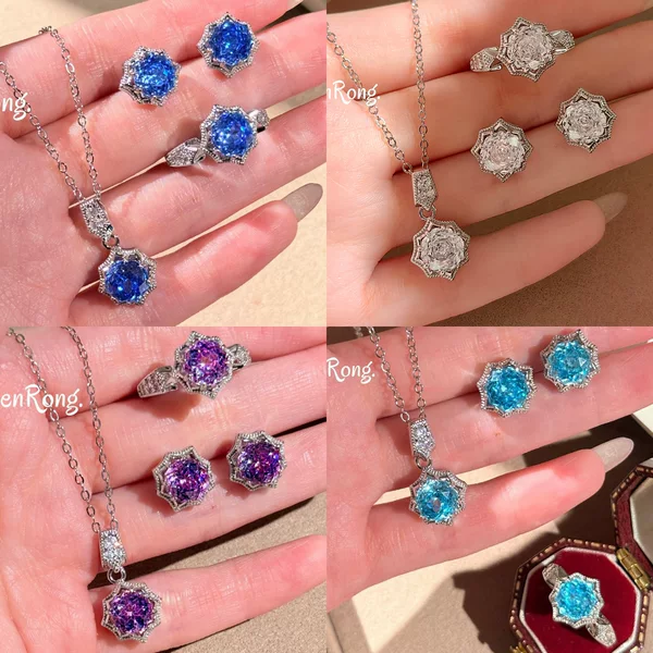 Octagonal Millennium Rose-cut Klein Blue Necklace Pendant with Aquamarine High-Carbon Diamond Stud Earrings and Eight-Pointed Star Ring for Women