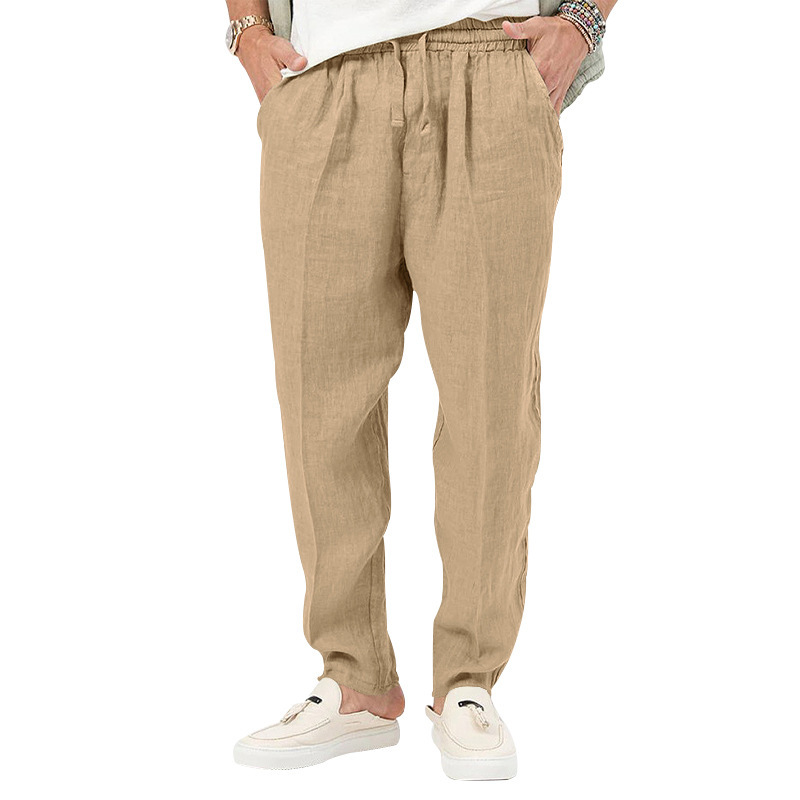2024 Summer New Thin Men's Fashion Large Solid Casual Drawstring Cotton Hemp Pants_voghion.com