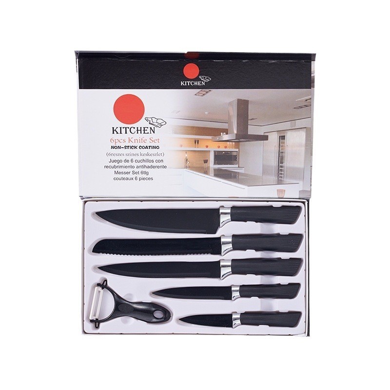 Inventario al por mayor nuevo acero inoxidable pulverización rosa diamante manija viejas seis piezas cuchillo conjunto de herramientas de cocina