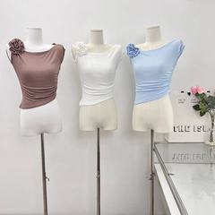 夏季新款設計感不規則一字肩花朵修身顯瘦背心T恤辣妹皺褶上衣女