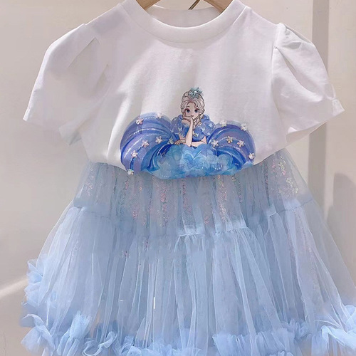 Girls summer suit 2024 new children's short-sleeved T-shirt Frozen two-piece set baby style skirt