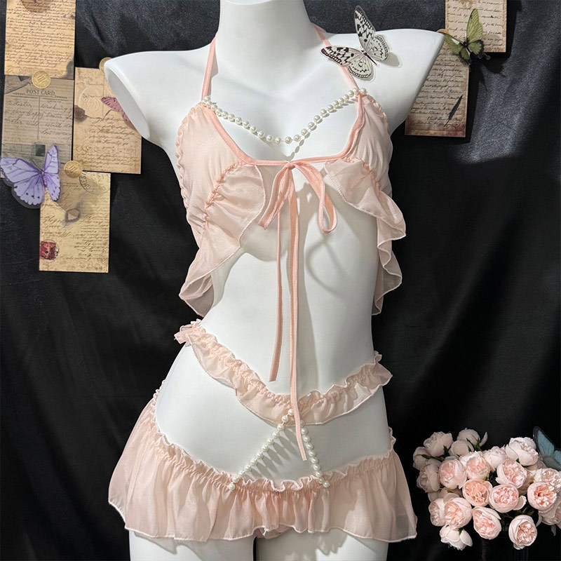 Sexy Lingerie with Exposed Chest, Pearl Halter Neck, Three-Point Lace Trim, Uniform with Exposed Hips, Sheer and Cute for Women