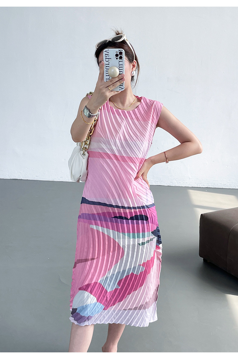 Váy maxi xếp ly in họa tiết hai dây dáng rộng thanh lịch — Màu xanh lam chi tiết 20