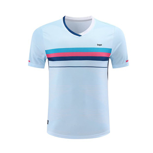2024 slanting ~ new quick-drying men's and women's short sleeve badminton clothing summer competition sports jacket light blue stripes