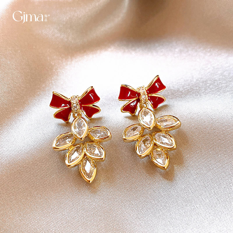Red retro fashionable elegant universal earrings with bow with…