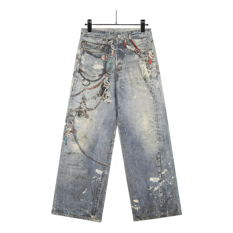 Men's Clothing 3D Chain Print Washed Jeans – Vintage Distressed Loose-Fit Denim Pants For Men & Women_voghion.com